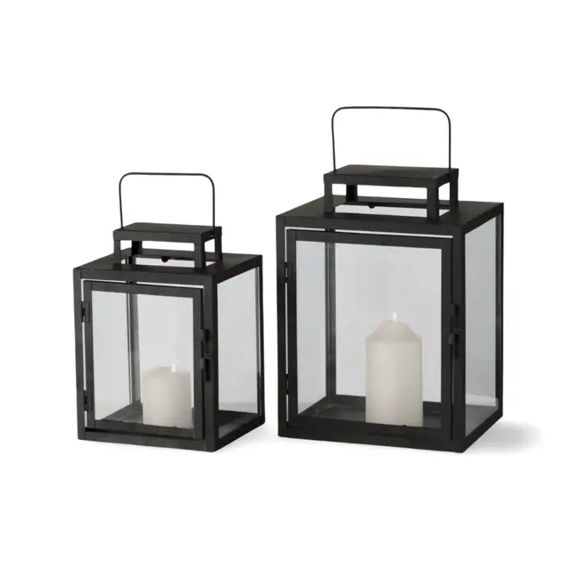 Lantaarns Zwart Glas Metaal set van 2