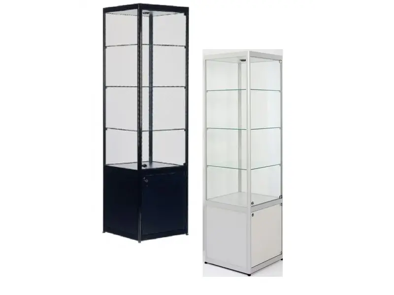 Vitrine Pictor avec spot L50 reposant sur une armoire verrouillable