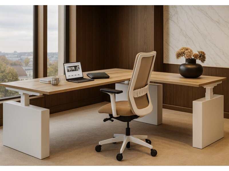 Flexaro Flex elektrisch zit-sta hoekbureau met metalen wang – Ergonomisch hoekbureau met strak design en weggewerkte bekabeling