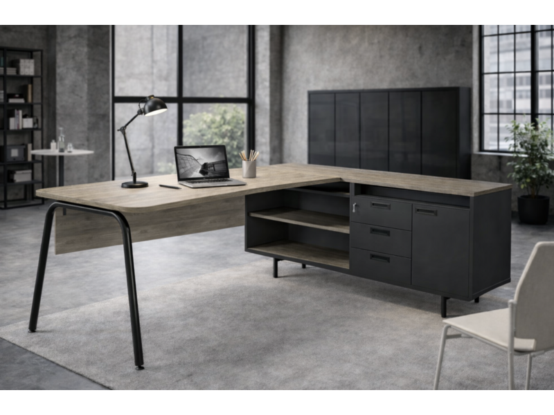 Narbutas Round L-bureau met vaste aanbouw – flexibel werkplekconcept voor moderne kantoren