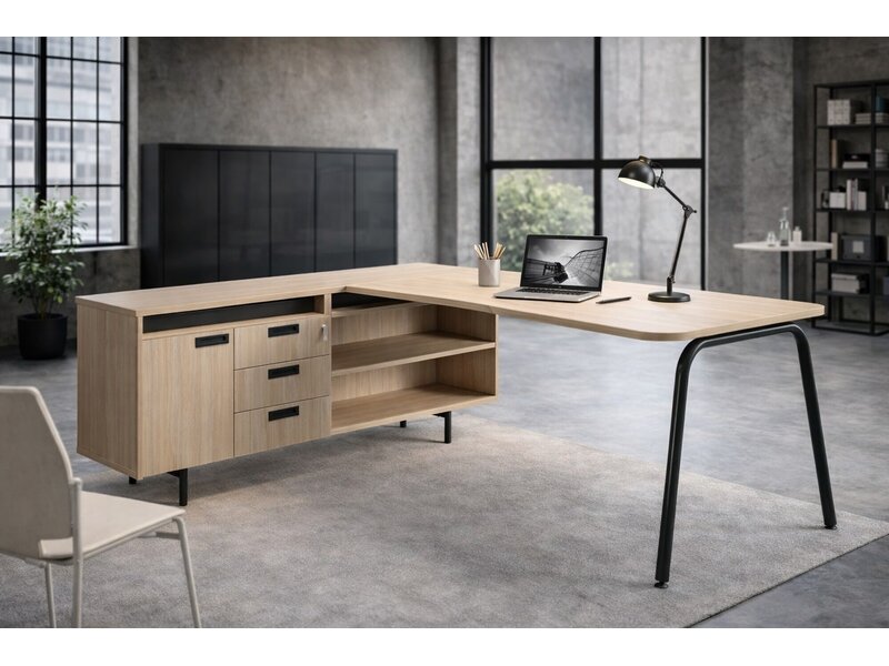 Narbutas Round L-bureau met vaste aanbouw – flexibel werkplekconcept voor moderne kantoren