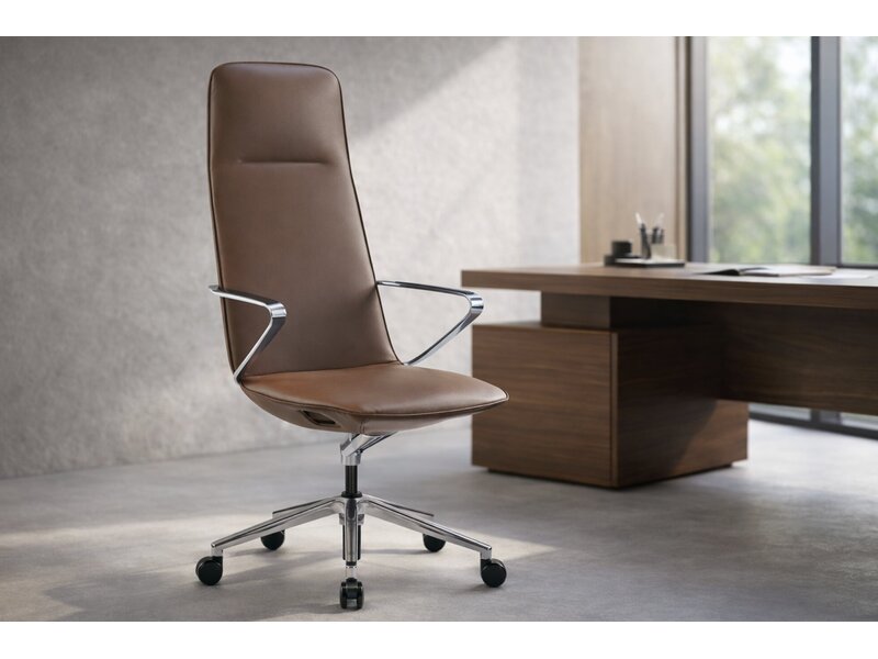 Amola directiestoel in leder met aluminium onderstel en synchronisch mechanisme