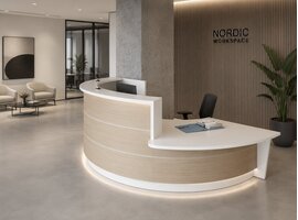 MDD MDD Valde receptiebalie gebogen – Modulaire balie met rechte, convexe en concave elementen MDD Valde receptiebalie gebogen – Modulaire balie met rechte, convexe en concave elementen