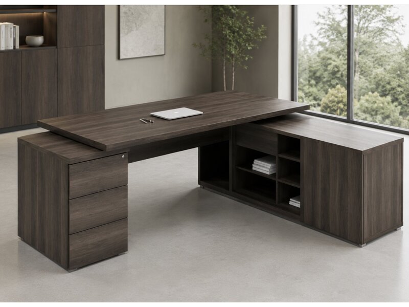 Bureau design MDD Mito – bureau de direction avec lowboard, côtés HPL et rangement verrouillable