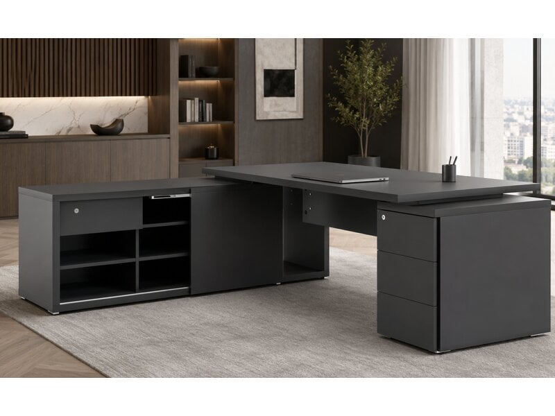 MDD Mito Fenix zwart directiebureau – matzwart executive bureau met lowboard en FENIX werkblad