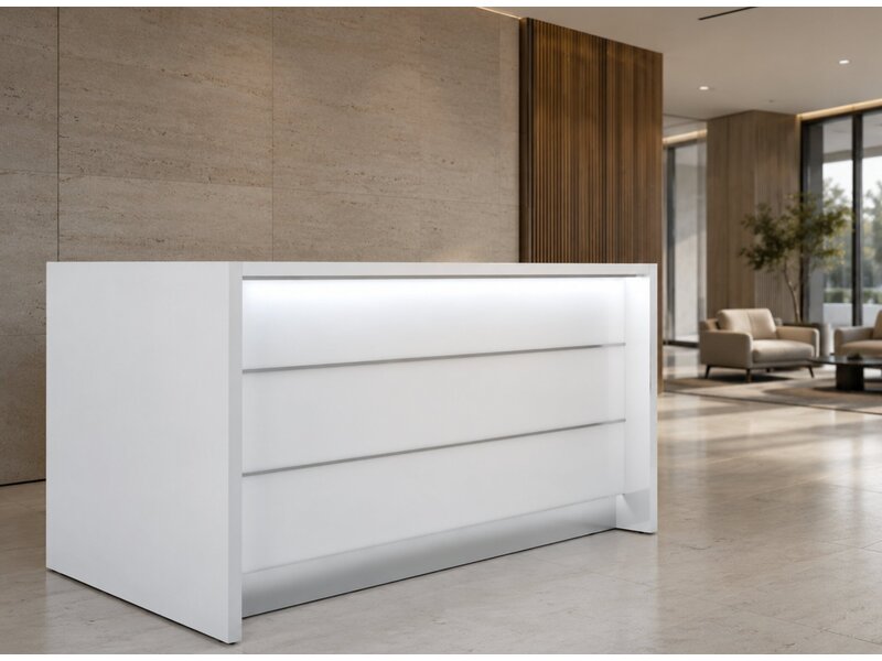 Comptoir d’accueil droit MDD Valde – banque de réception modulaire avec façade HPL brillante et éclairage LED
