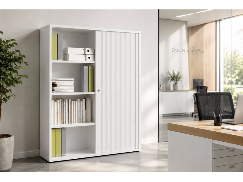 Armoire haute MDD Basic à rideaux – rangement de bureau compact avec rideaux aluminium pour archives et fournitures