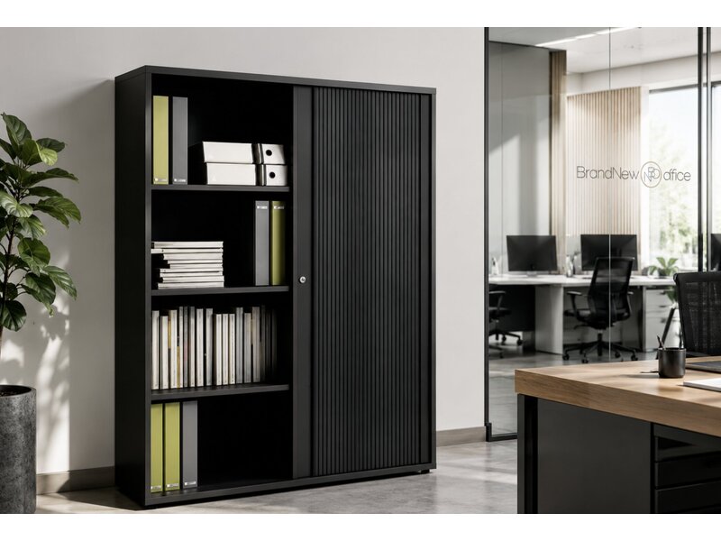 Armoire haute MDD Basic à rideaux – rangement de bureau compact avec rideaux aluminium pour archives et fournitures