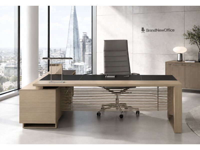 Bralco Arche directiebureau met lage aanbouw – Italiaans executive bureau in fineer en leder met extra werk- en opbergruimte