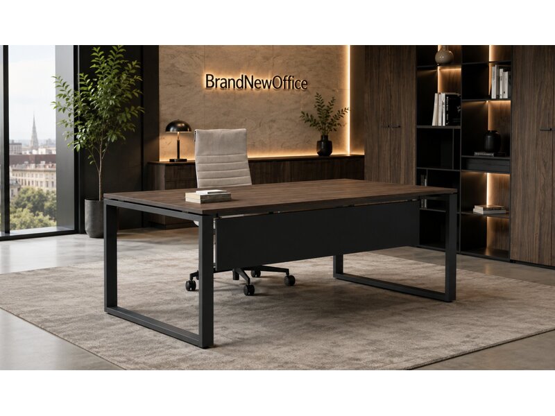 Bralco Loopy directiebureau in fineerhout – Italiaans executive bureau met geborsteld stalen frame