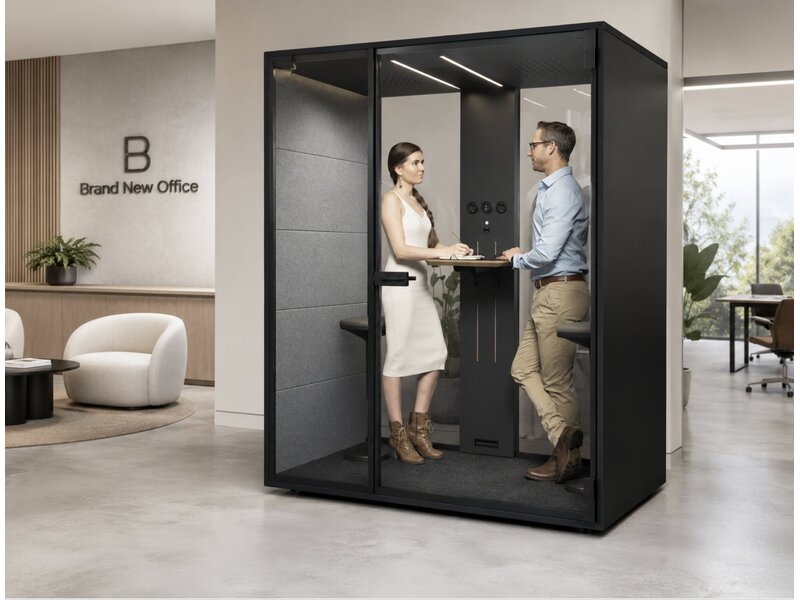 Box2 Stand geluidsdichte cabine – akoestische 2-persoons cabine met verstelbaar statafelblad