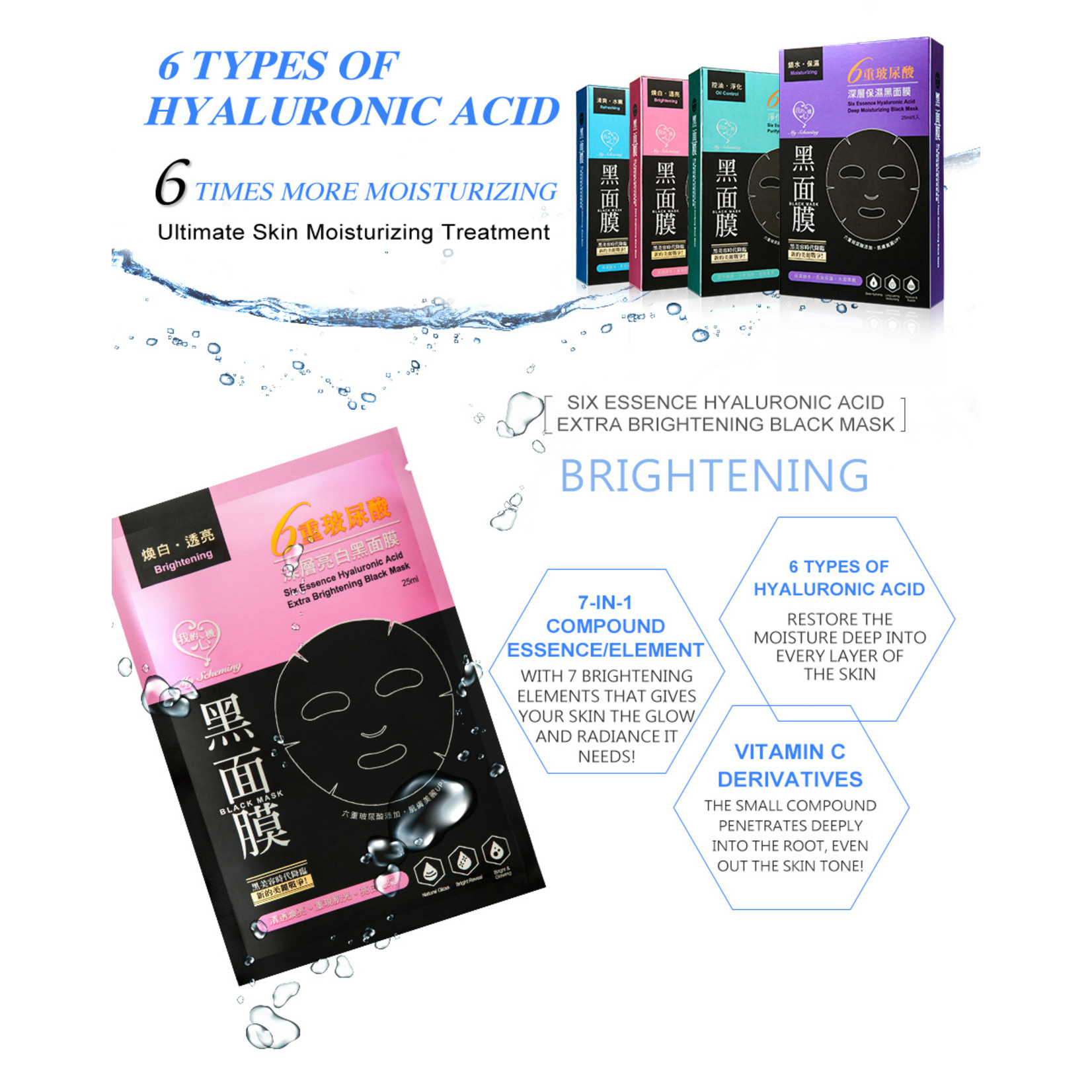 My Scheming Six Essence Hyaluronic Acid Extra Brightening Black Mask (5 pcs)