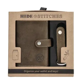 Hide & Stitches Giftset Hide & Stitches Idaho safety wallet & sleutelhanger, Olijfgroen