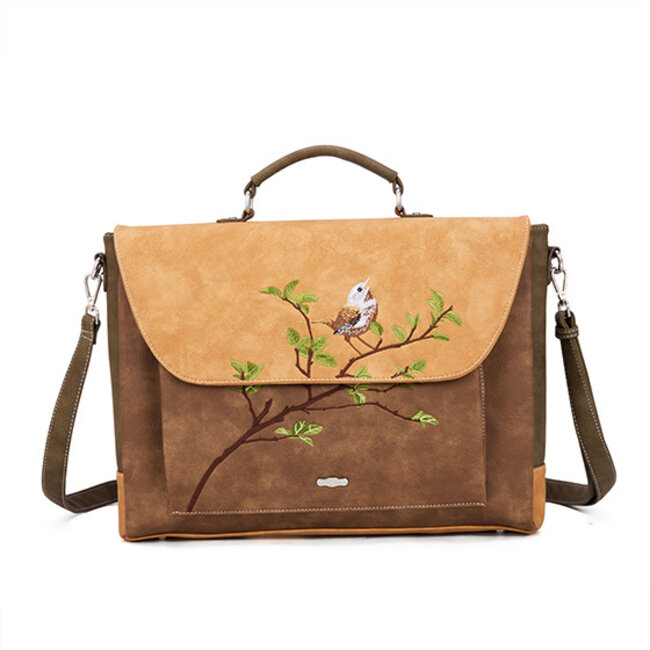 Hi-di-Hi 'Busy Bird' Laptoptas 16 inch Bruin/Beige