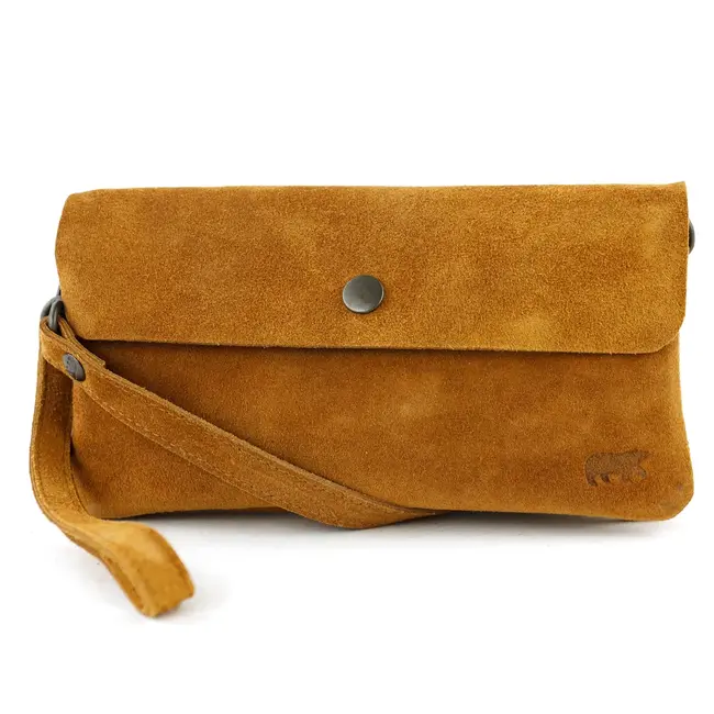 Bear Design Suède Clutch/Mini schoudertasje 'Lydia' Cognac