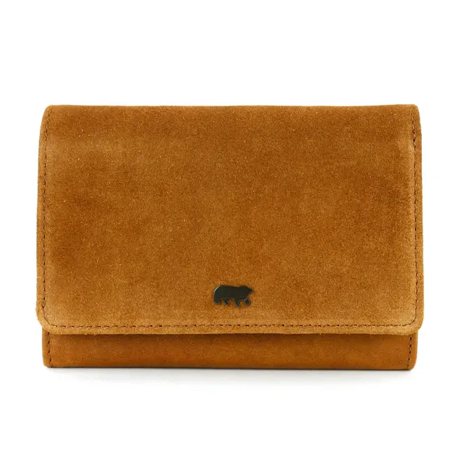 Bear Design Suède Overslag Portemonnee 'Flappie' Cognac