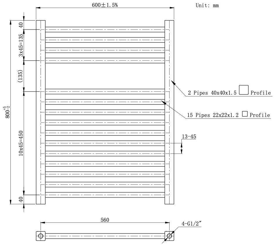 Linea Uno Radiator Handrup 80 x 60 cm (Zwart)