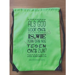 Rugzak met de tekst: Als God voor ons is, wie kan dan nog tegen ons zijn?