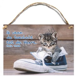 Houten tekstbord A5 met de tekst: Ik neem de toevlucht tot de Heere.