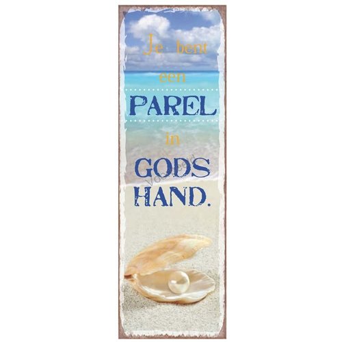 Magneet 5x15 met de tekst: Je bent een parel in Gods hand.