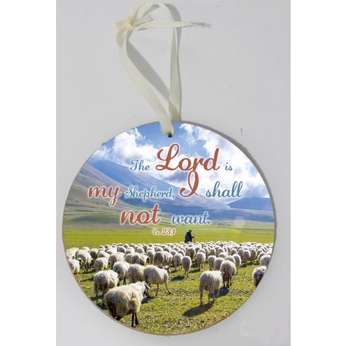 Wooden wall sign, round/houten wandbord, rond met de tekst: The Lord is my Shepherd, I shall not...
