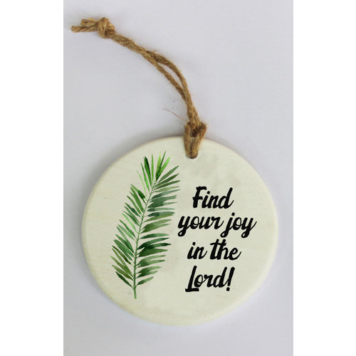 Wandbordje hars-steen, ong. 95 gr. en 10x10x0,6 cm, motief 3. Met de tekst: Find your joy in the Lor