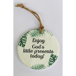 Wandbordje hars-steen, ong. 100 gr. en 10x10x0,6 cm, motief 4. Met de tekst: Enjoy God's little pres