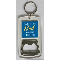 Sleutelhanger 4x8x0,4 cm, ong. 25 gr. met metalen flessenopener motief EN1. Met de tekst: Faith in G