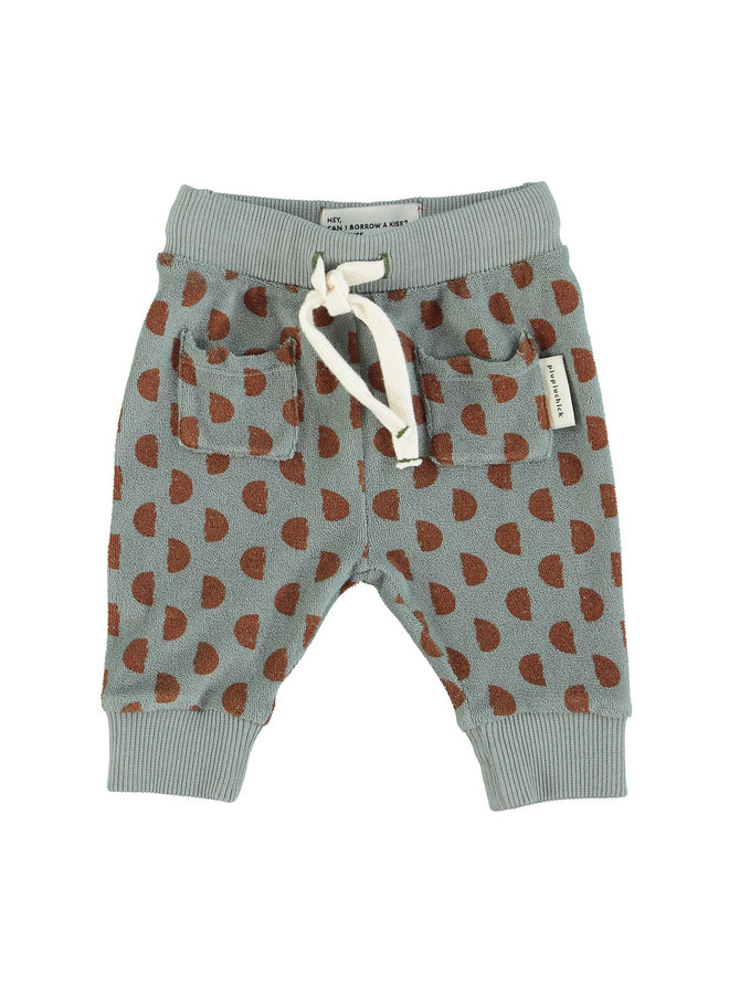 Piupiuchick | baby terry leggings | greenish grey w/ half moon brown print