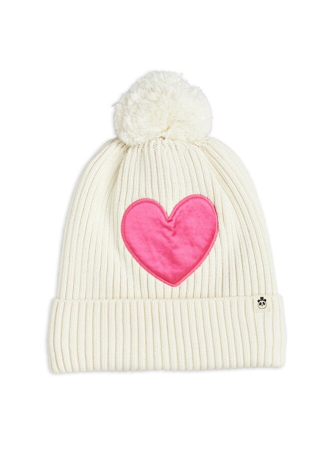 Mini Rodini | hearts knitted pompom hat | white