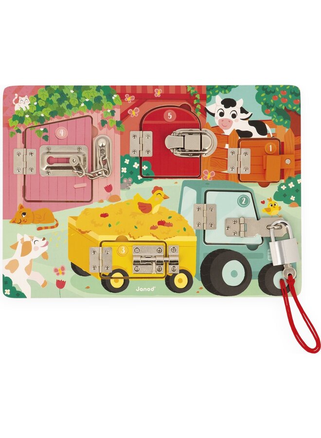 Janod | activiteitenbord met sloten en grendels de boerderij