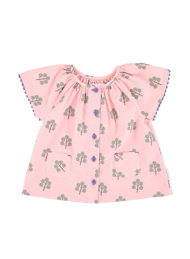 Piupiuchick | blouse w/ butterfly sleeves | pink w/ green trees