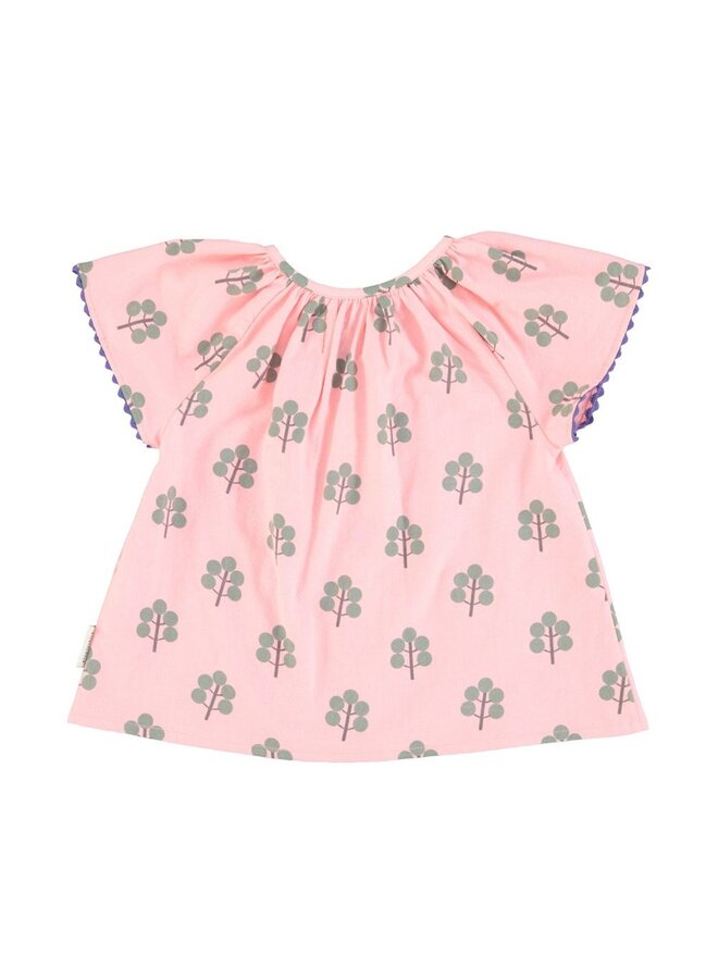 Piupiuchick | blouse w/ butterfly sleeves | pink w/ green trees