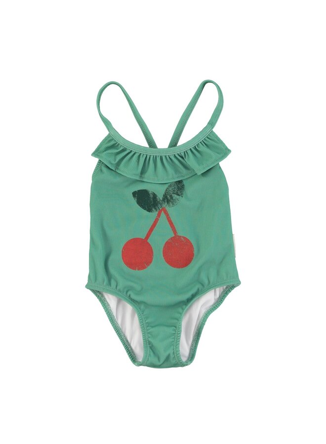 Piupiuchick | swimsuit w/ ruffles | green w/ cherry print