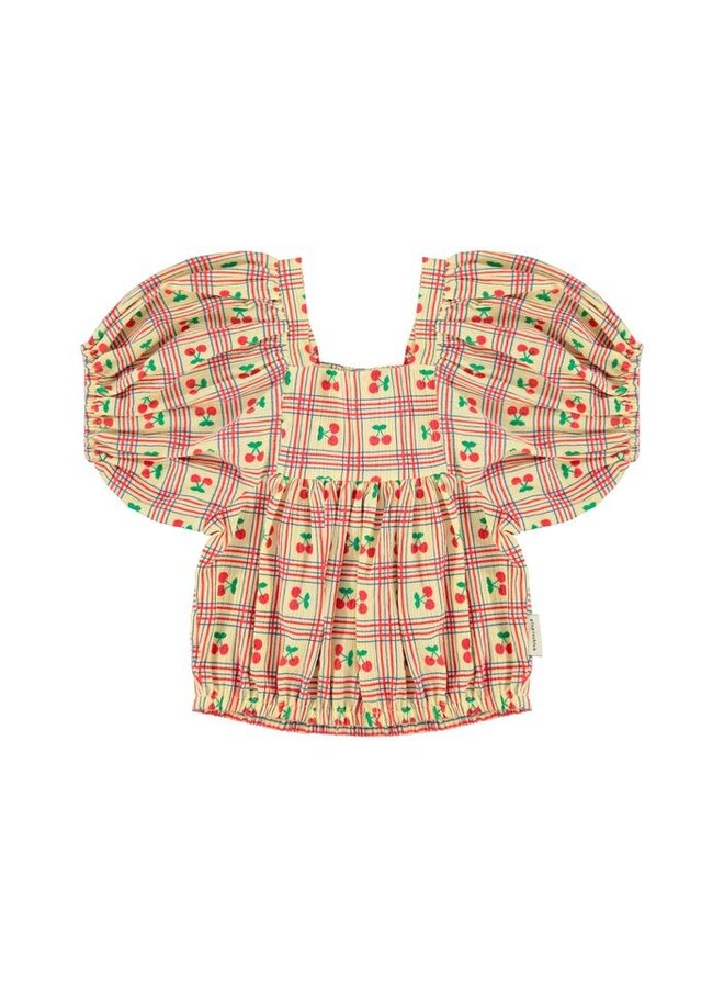Piupiuchick | cropped blouse w/ baloon sleeves | light yellow w/ cherries allover