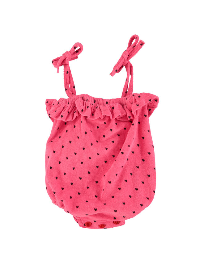 Piupiuchick | baby romper w/ ruffles | pink w/ black hearts allover