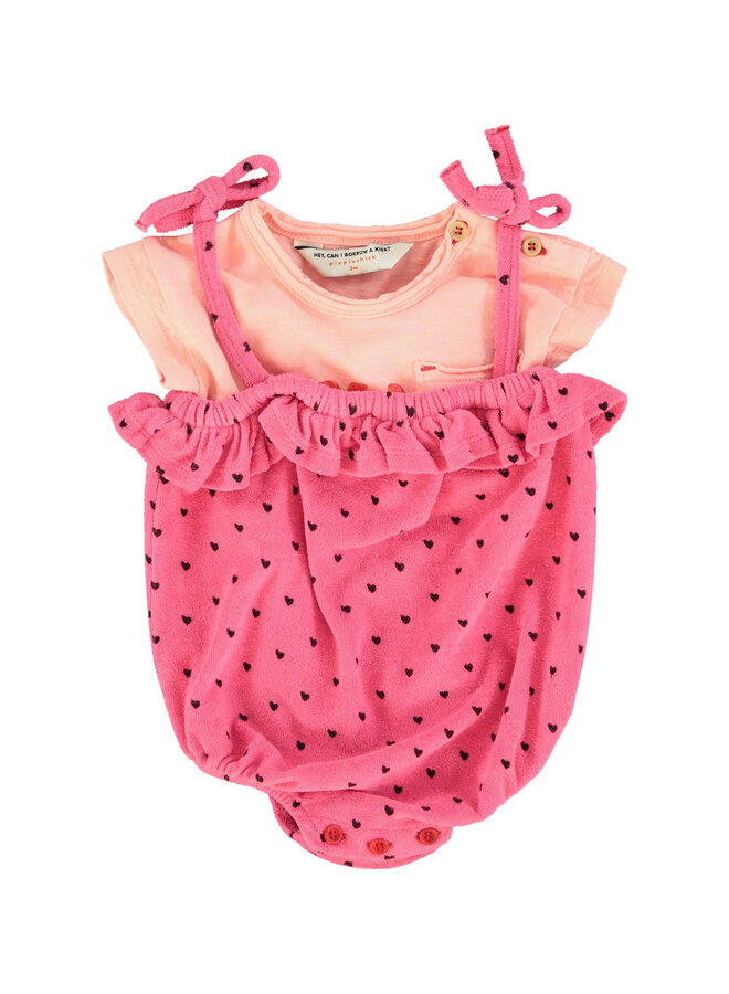 Piupiuchick | baby romper w/ ruffles | pink w/ black hearts allover