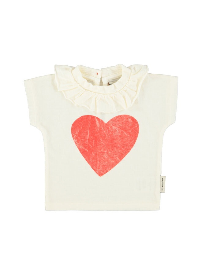 Piupiuchick | baby t'shirt w/ collar| ecru w/ red heart print