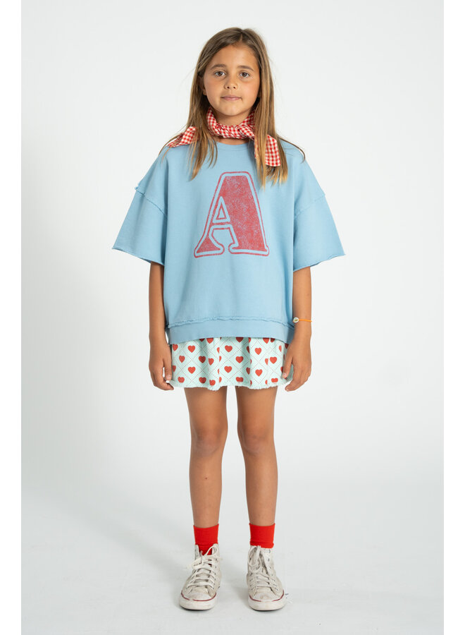 Piupiuchick | short sleeve sweatshirt | blue w/ "A" print