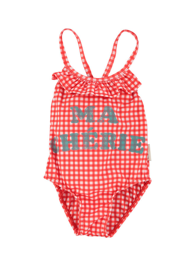 Piupiuchick | swimsuit w/ ruffles | red checkered w/ "ma chérie" print