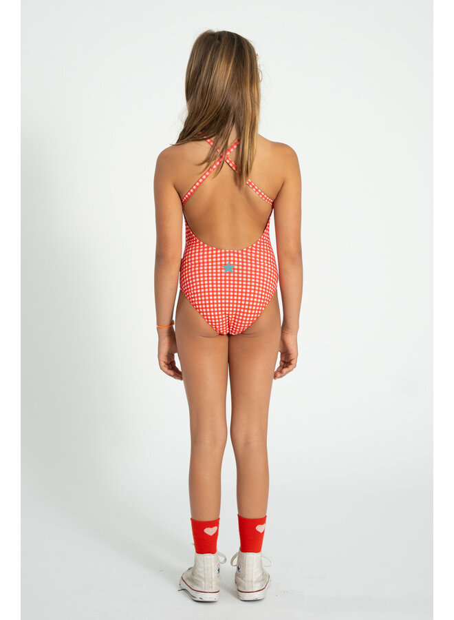 Piupiuchick | swimsuit w/ ruffles | red checkered w/ "ma chérie" print