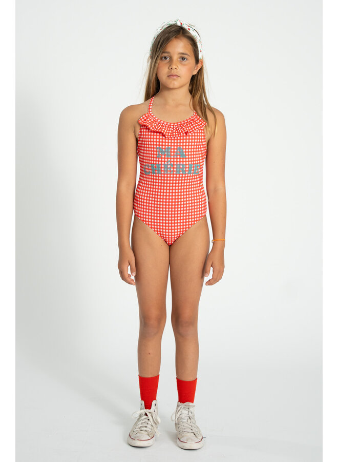 Piupiuchick | swimsuit w/ ruffles | red checkered w/ "ma chérie" print