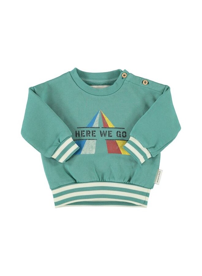 Piupiuchick | baby sweatshirt | green w/ "here we go" print