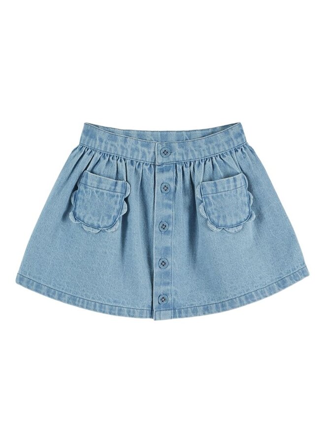 Emile et Ida | jupe denim poches fleurs | bleu delave