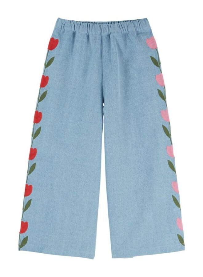 Emile et Ida | pantalon denim brode tulipe | bleu delave