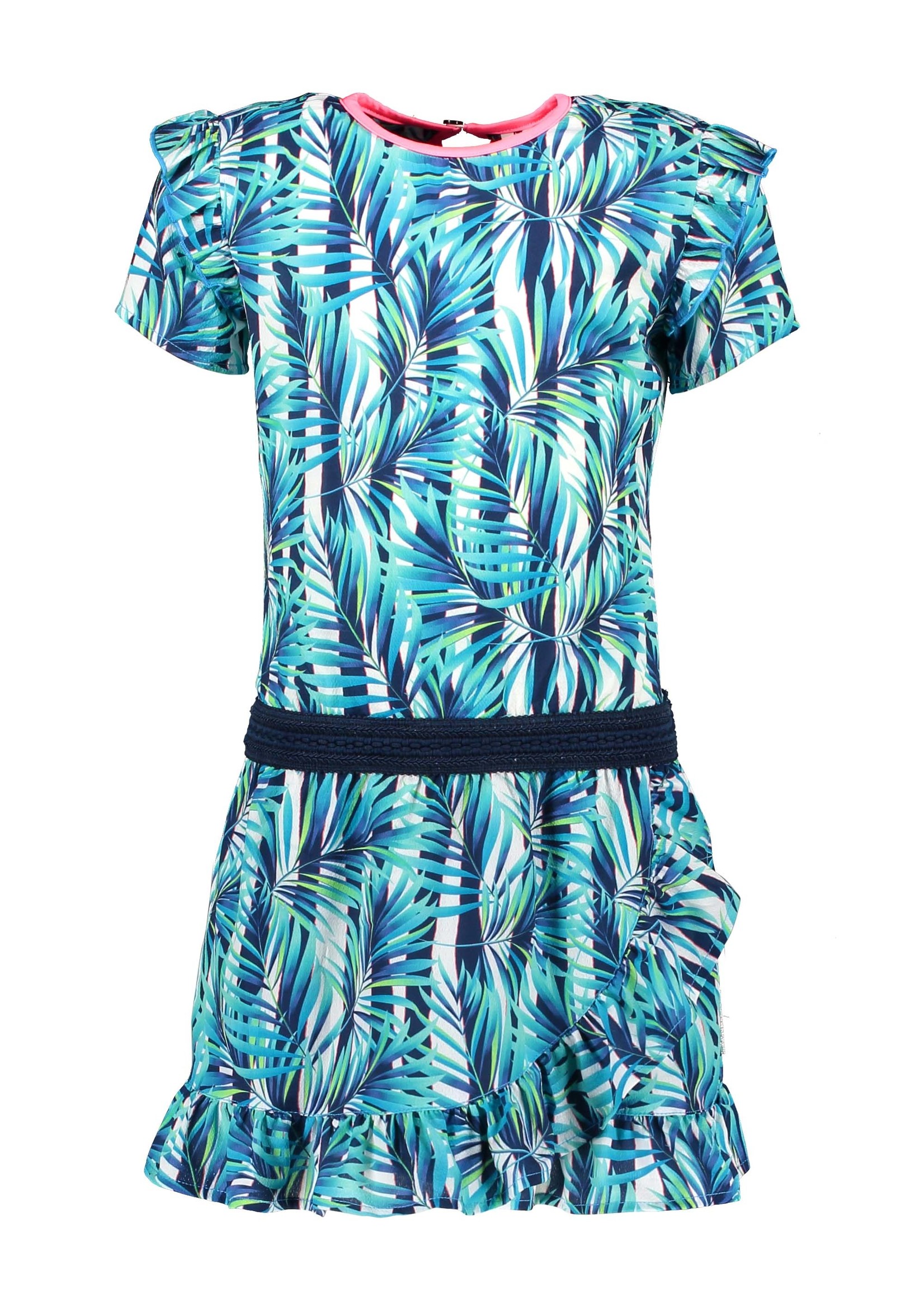 B-Nosy Girls tropical palm ao dress with ruffle, Tropical palm ao