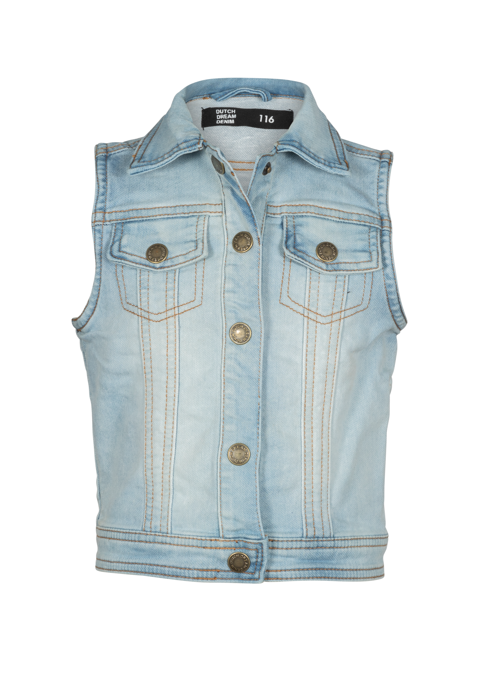 Dutch dream denim JASIRI. Knitted denim vest with bird embroidery at the back