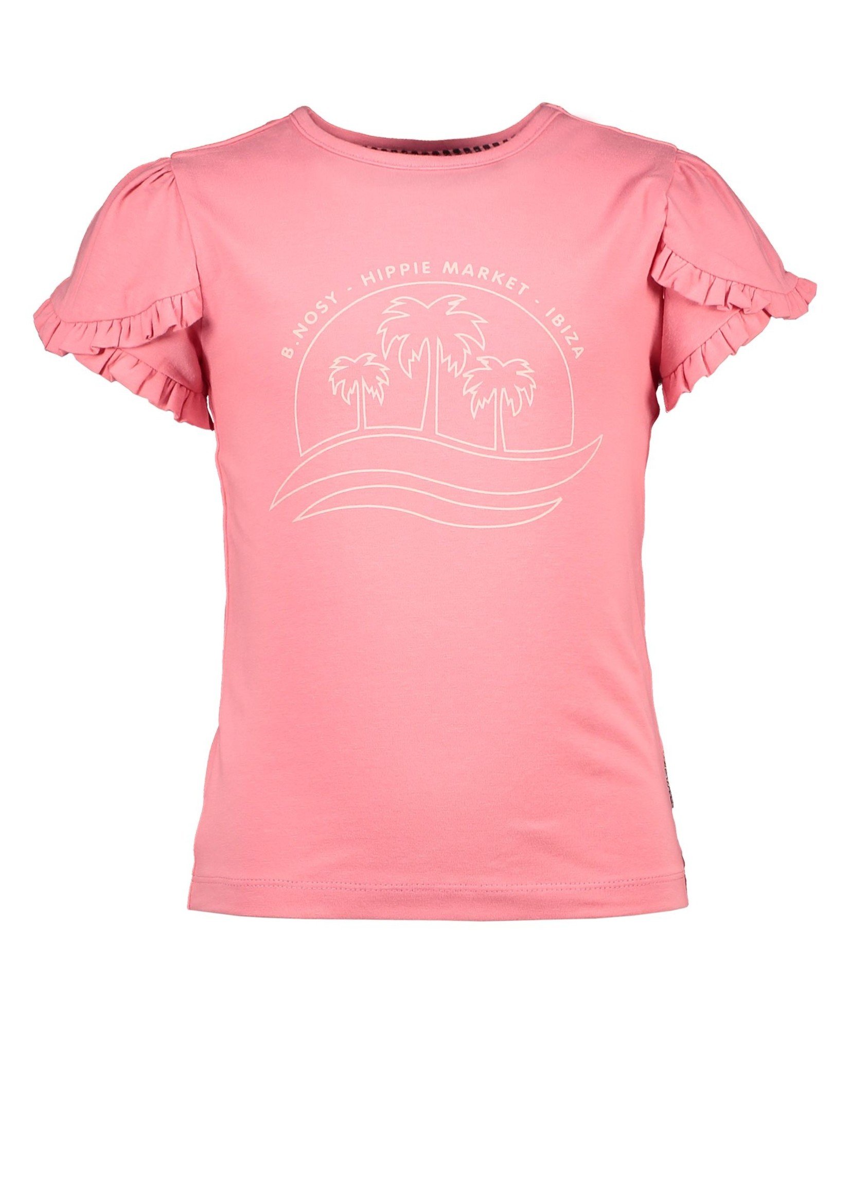 B-Nosy Girls t-shirt with fancy ruffled sleeves and chest artwork, confetti