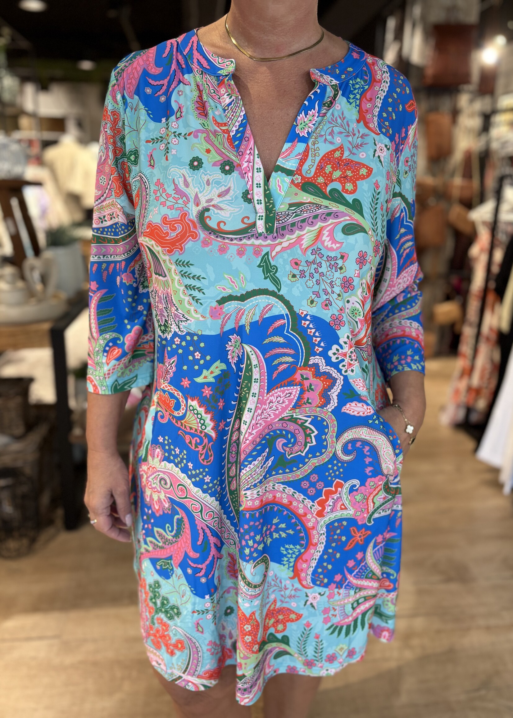 Angelle Milan Jurk +size 3/4 Mouw Travel - Print Blauw