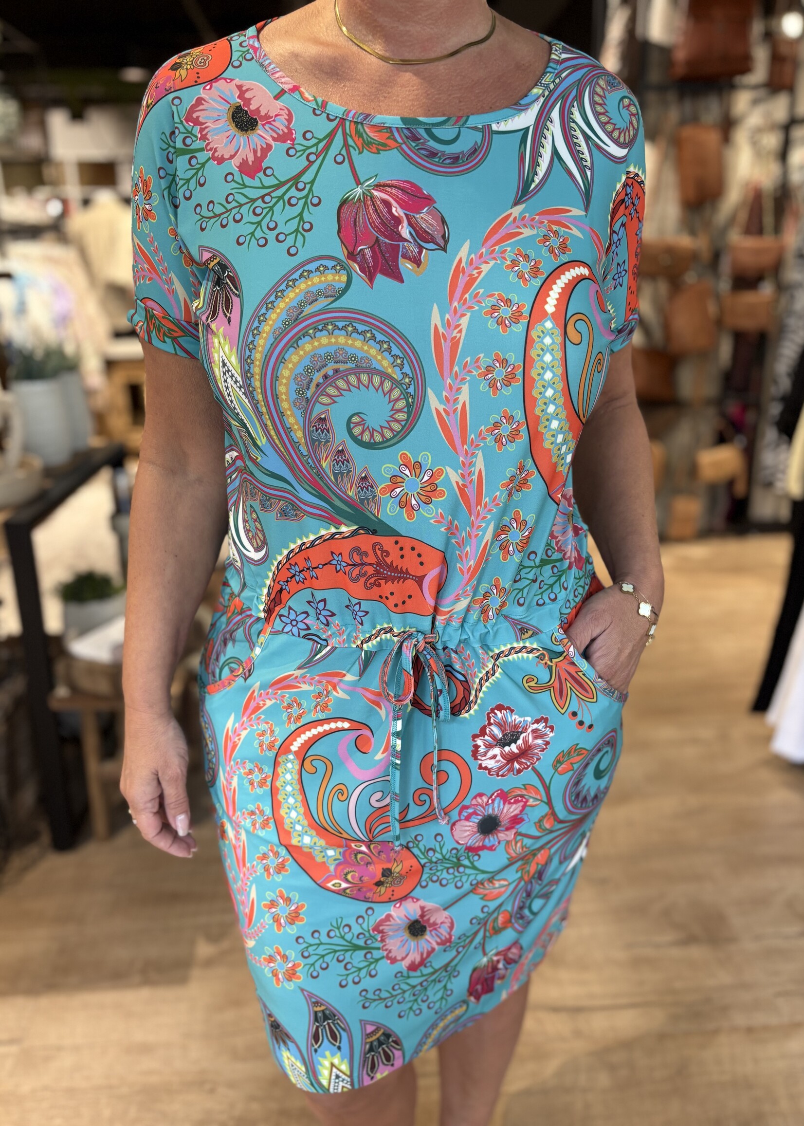 Angelle Milan Jurk Korte Mouw Travel - Print Turquoise